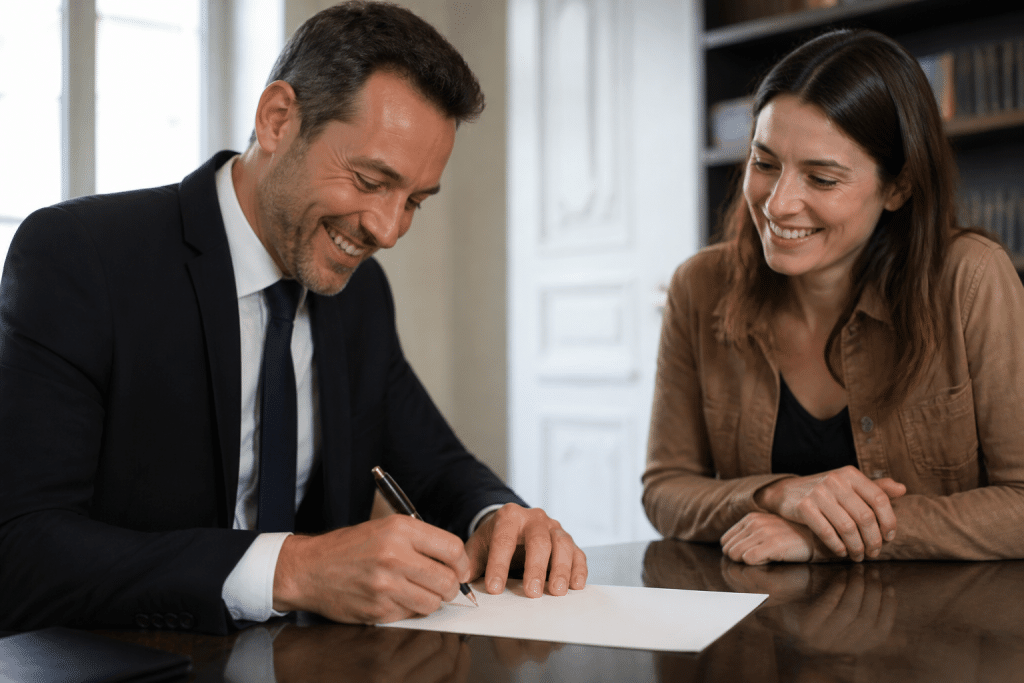 Notaire signant document immobilier avec client souriant