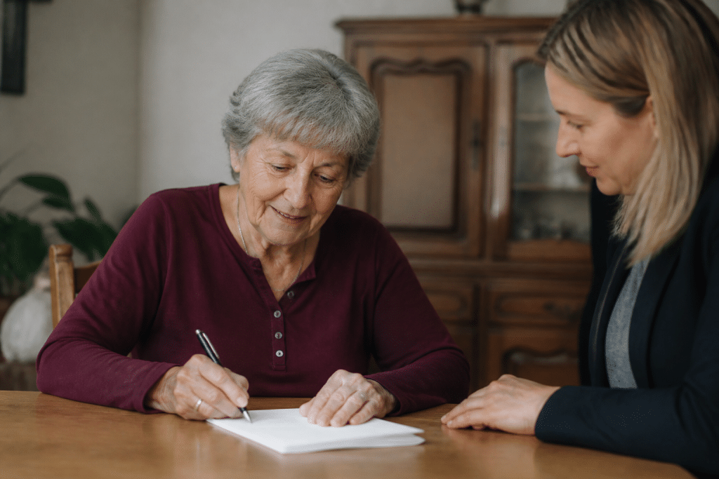 Personne agee signant document pret immobilier avec agent