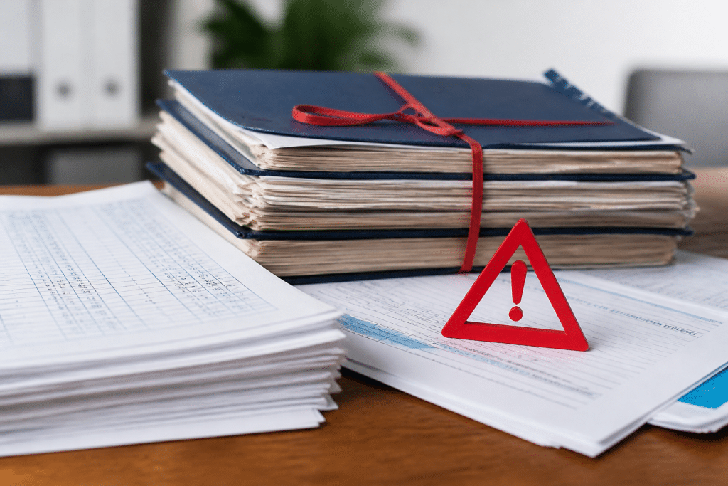Documents fiscaux et parts sociales avec symbole d'avertissement rouge