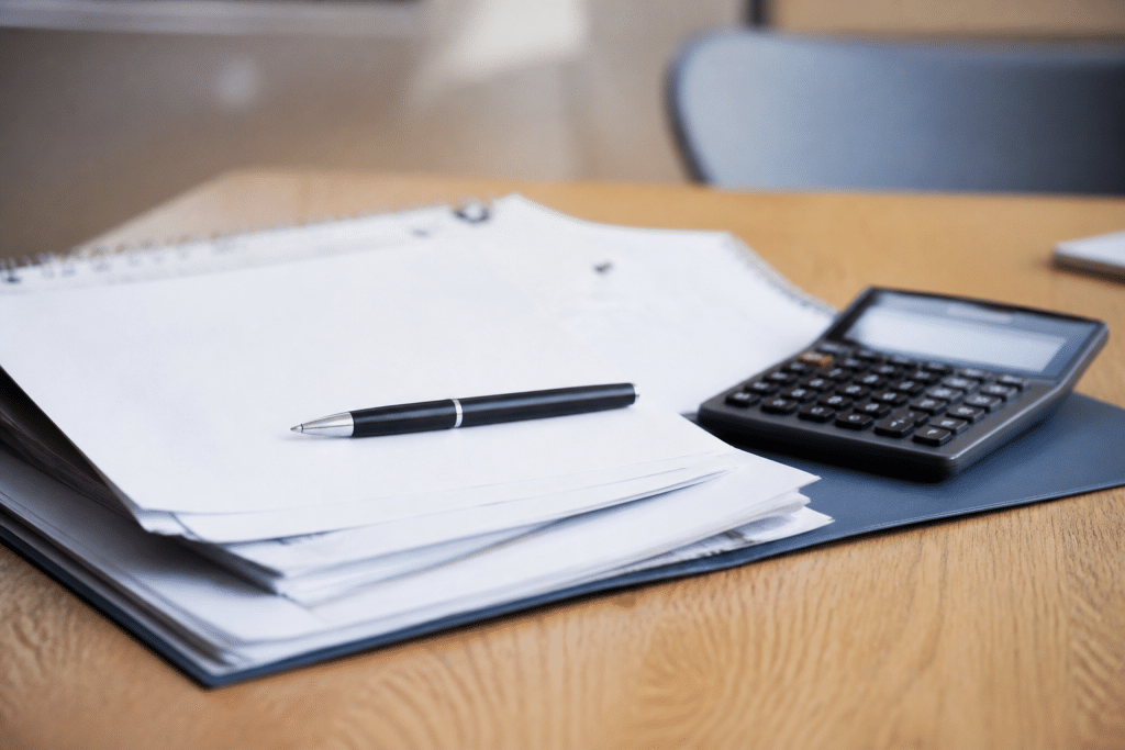 Documents pret immobilier avec stylo et calculatrice