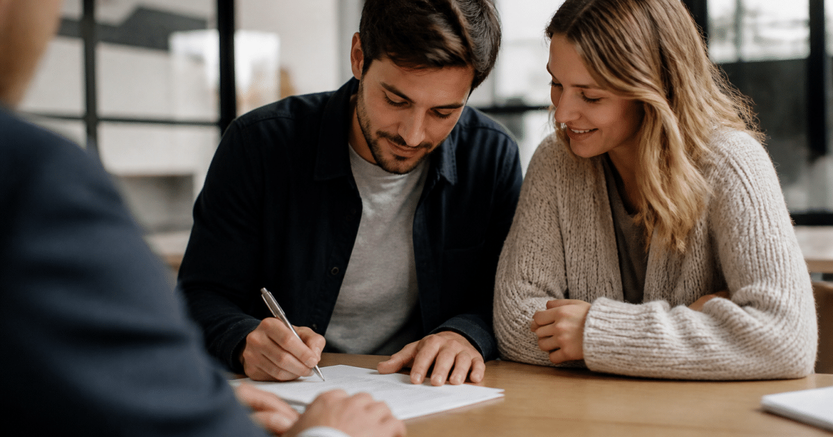Couple signant documents hypothécaires finaux devant bureau