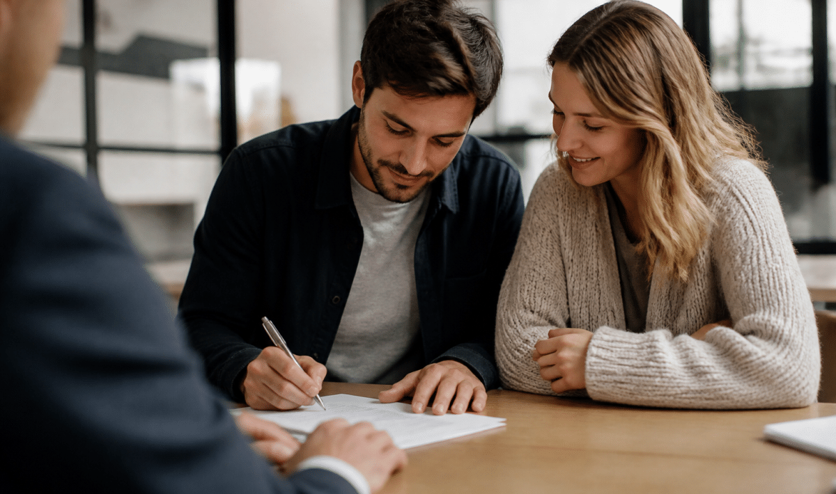 Couple signant documents hypothécaires finaux devant bureau