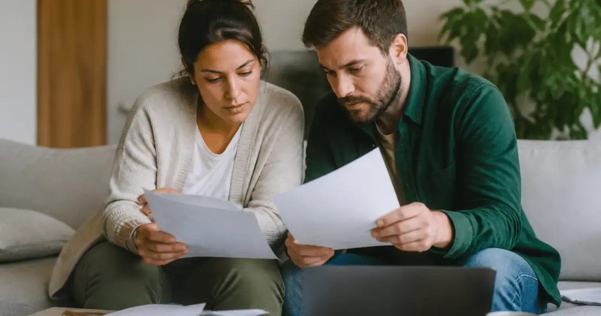 Couple assis examinant documents pret bancaire ensemble