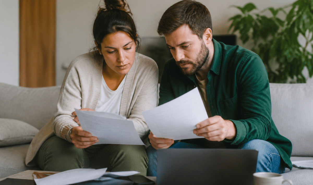 Couple assis examinant documents pret bancaire ensemble