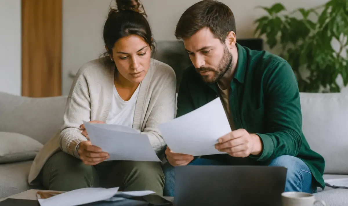 Couple assis examinant documents pret bancaire ensemble