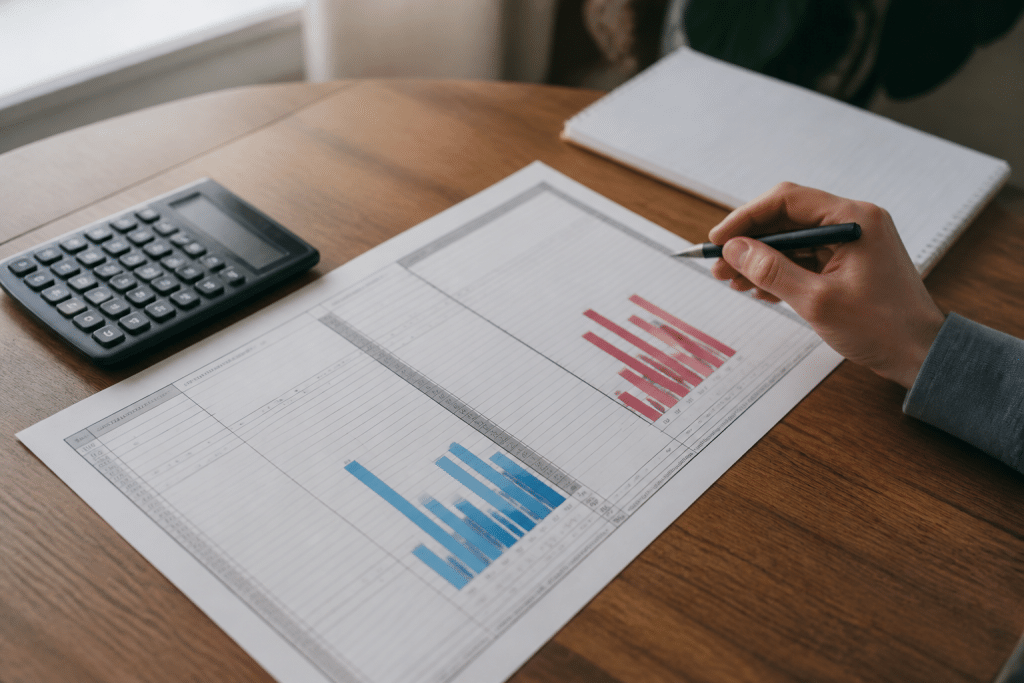 Tableau financier avec colonnes de revenus et dépenses visibles