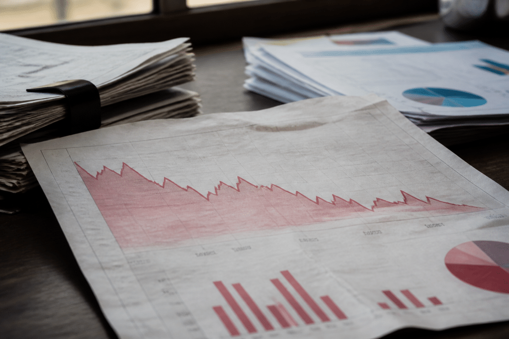 Graphiques financiers rouges descendant avec documents gouvernementaux
