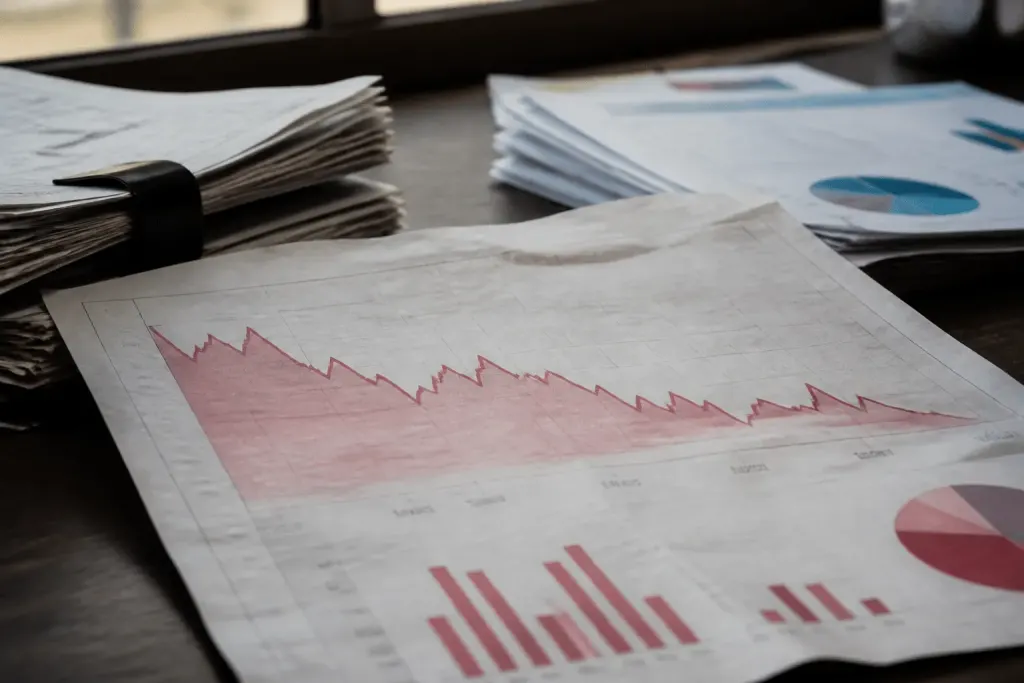 Graphiques financiers rouges descendant avec documents gouvernementaux
