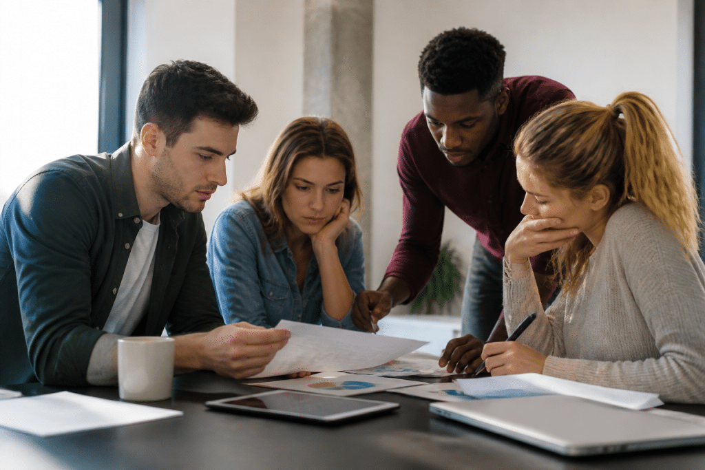 Associes etudiant documents financiers autour table bureau