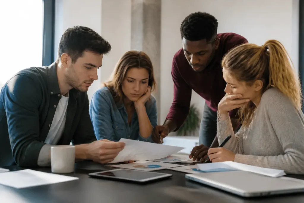 Associes etudiant documents financiers autour table bureau