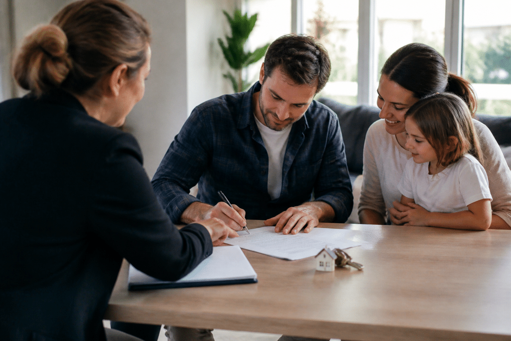 Famille signant documents immobiliers avec clés maison