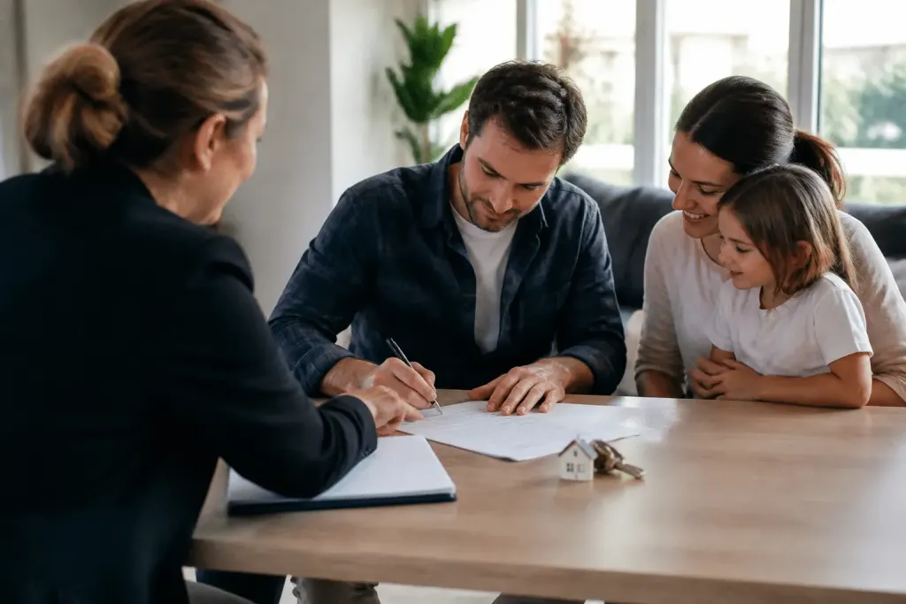 Famille signant documents immobiliers avec clés maison