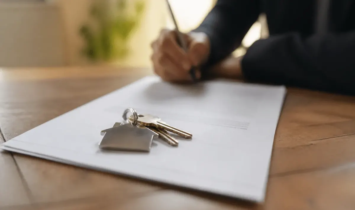 Contrat immobilier signe sur bureau avec cles maison posees dessus