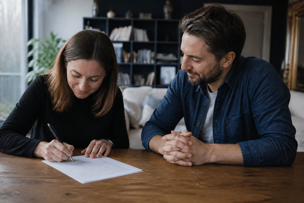 Associes signant documents avec biens personnels visibles arriere-plan