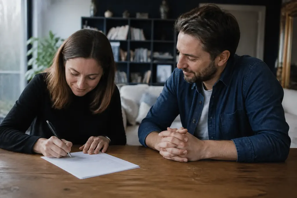 Associes signant documents avec biens personnels visibles arriere-plan