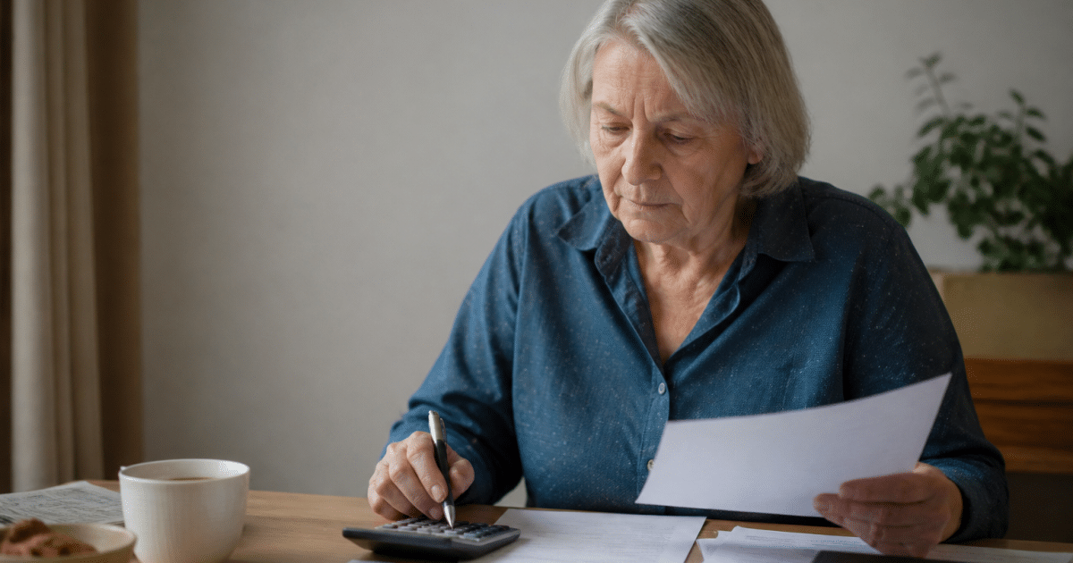 Personne agee assis a bureau avec documents hypothecaires et calculatrice