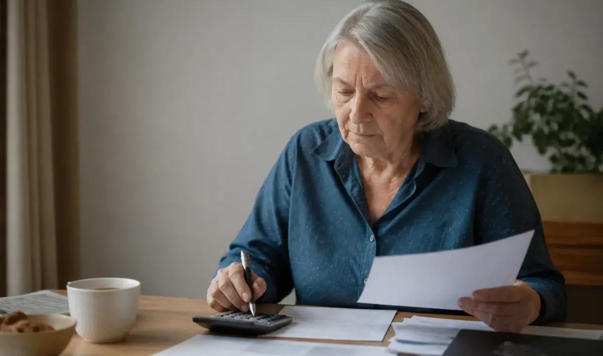 Personne agee assis a bureau avec documents hypothecaires et calculatrice