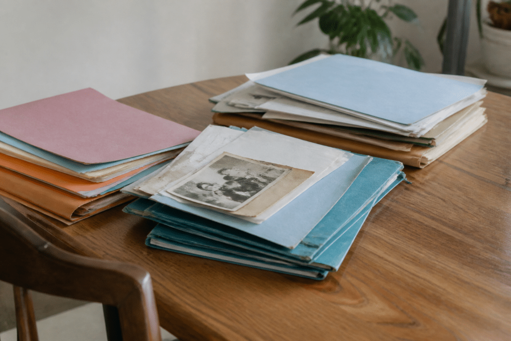 Documents comptables et dossiers familiaux sur bureau
