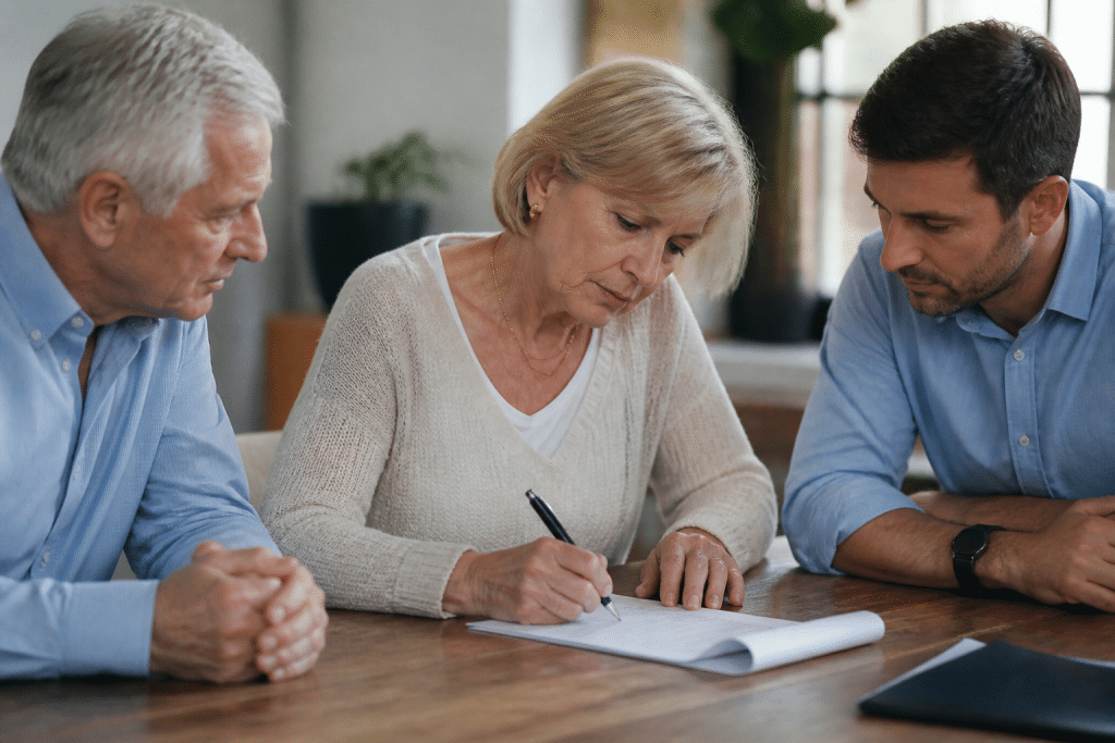 Associes signant documents transfert propriete immobiliere famille