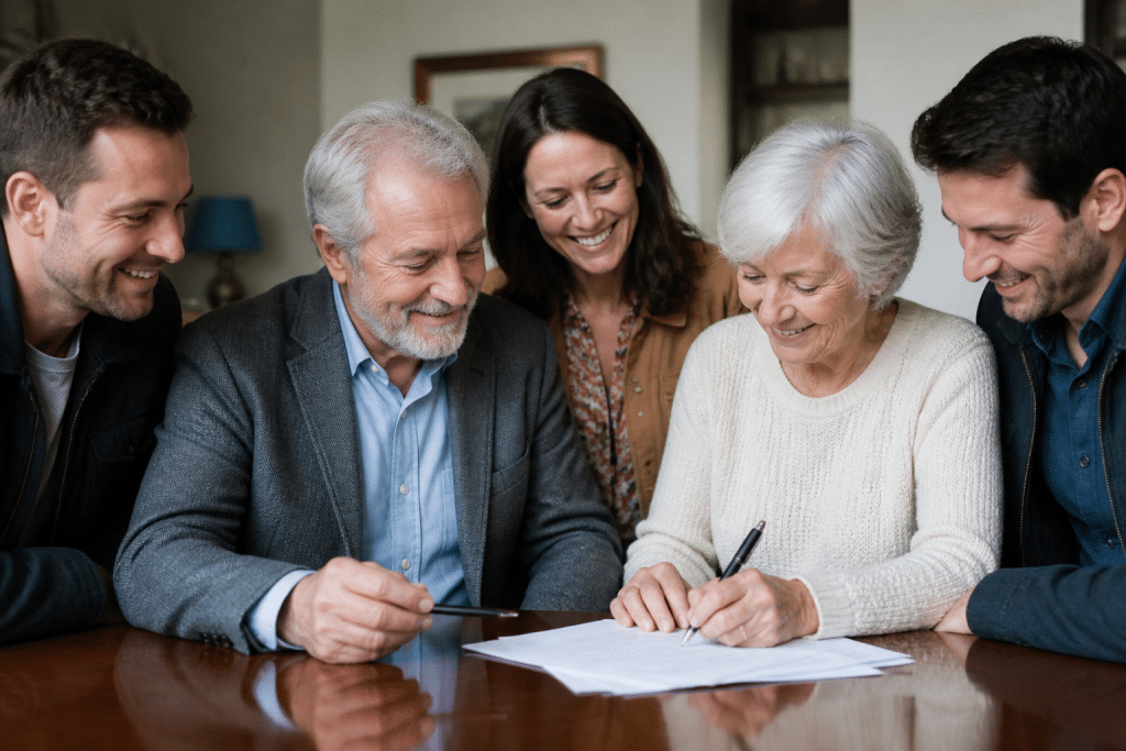 Parents signant documents de succession avec enfants souriant