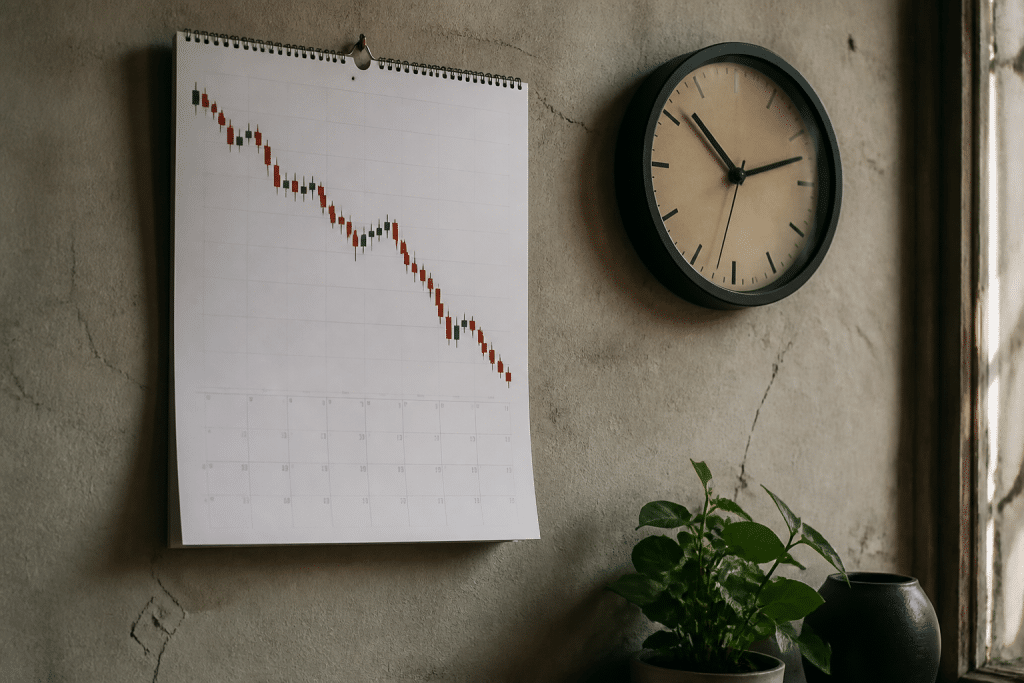 Calendrier avec graphique boursier baissier et horloge
