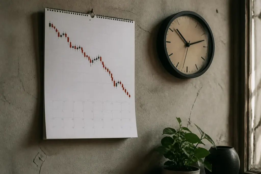 Calendrier avec graphique boursier baissier et horloge