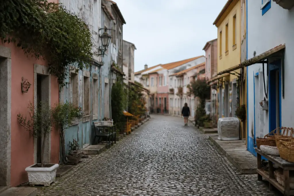 Rue pavée avec maisons colorées et petits commerces locaux
