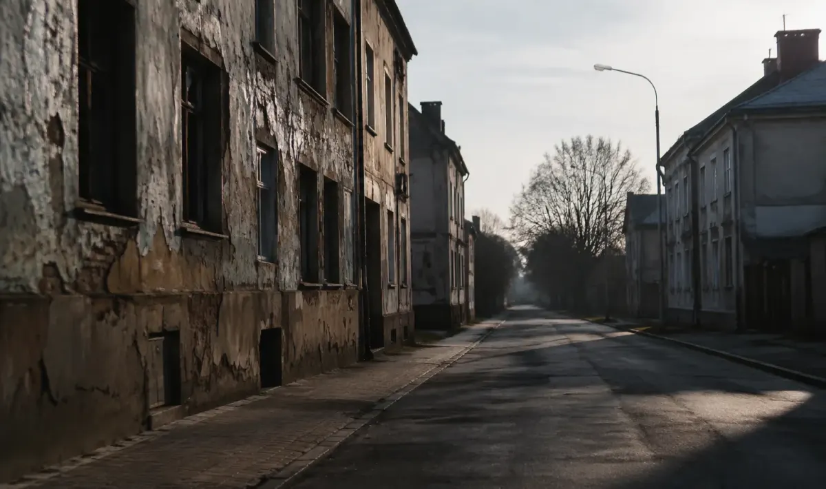 Immeubles delabres rues grises ombres longues desertes
