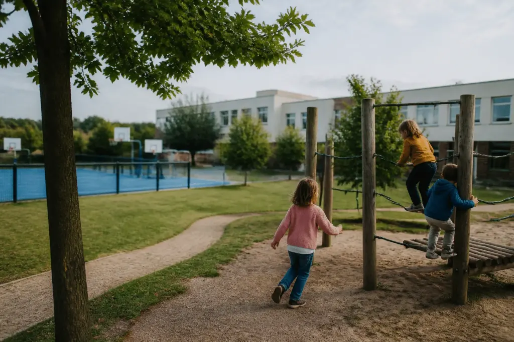 Parc avec enfants jouant près d'école et équipements sportifs