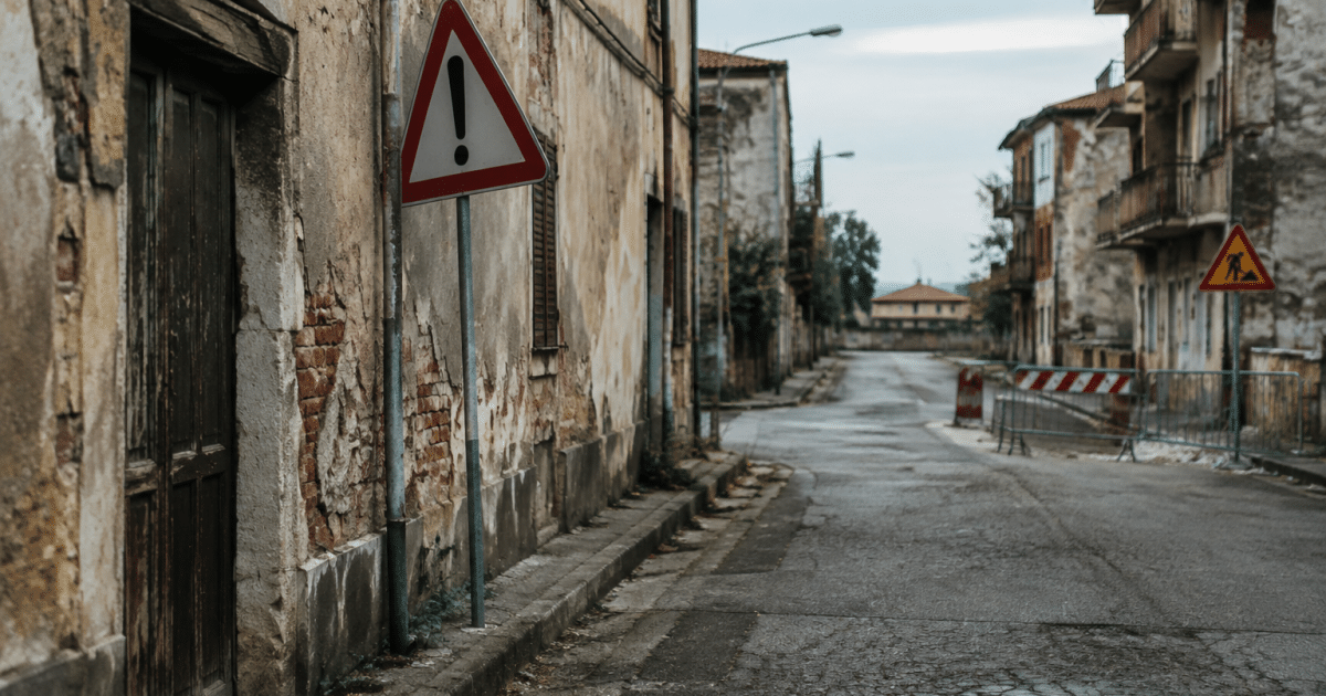 rue vide avec immeubles degrades et panneaux danger visibles