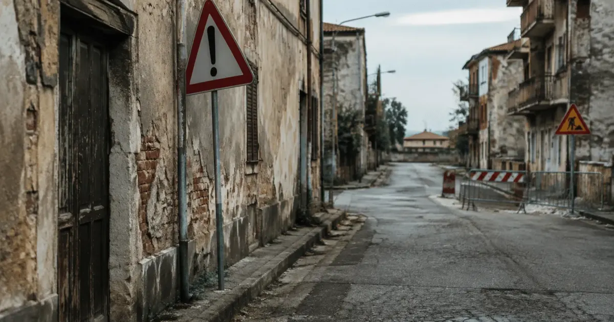 rue vide avec immeubles degrades et panneaux danger visibles