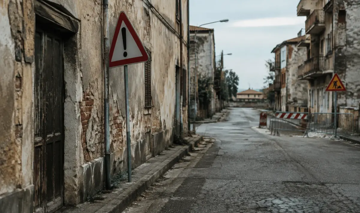 rue vide avec immeubles degrades et panneaux danger visibles