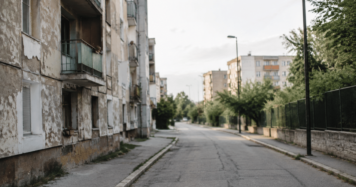 Rues desertes de banlieue avec immeubles vieillis et facades degradees