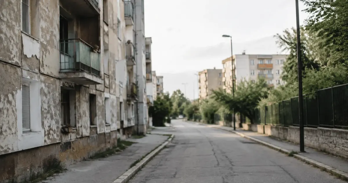 Rues desertes de banlieue avec immeubles vieillis et facades degradees