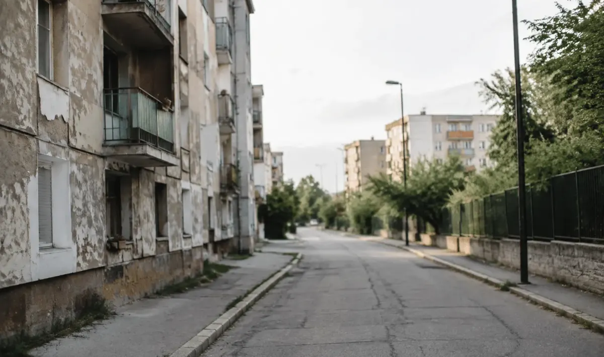 Rues desertes de banlieue avec immeubles vieillis et facades degradees