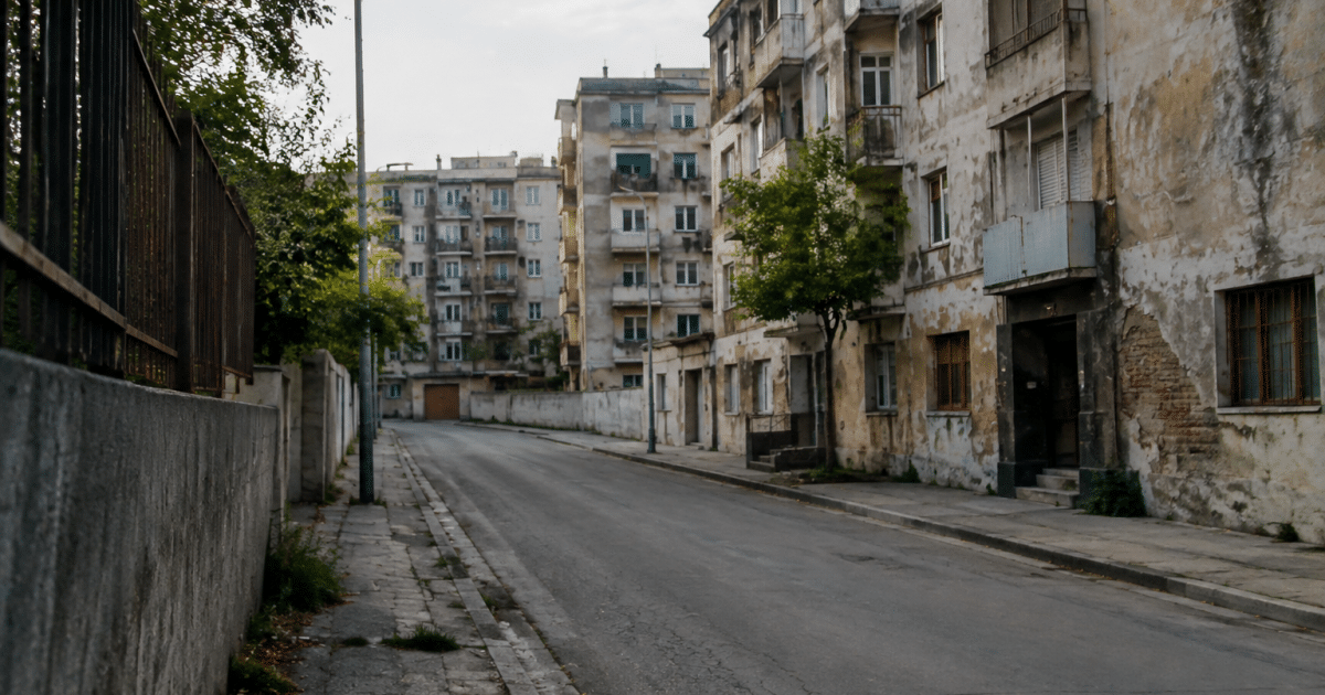 Rues desertes de quartier urbain avec immeubles degrades en arriere-plan