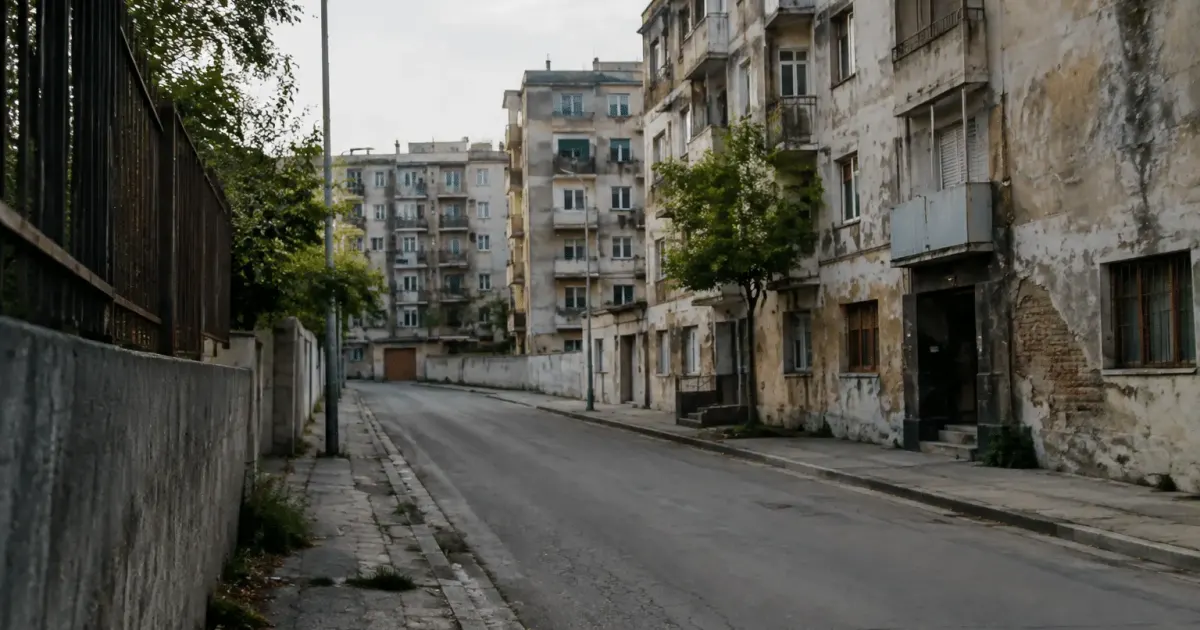 Rues desertes de quartier urbain avec immeubles degrades en arriere-plan