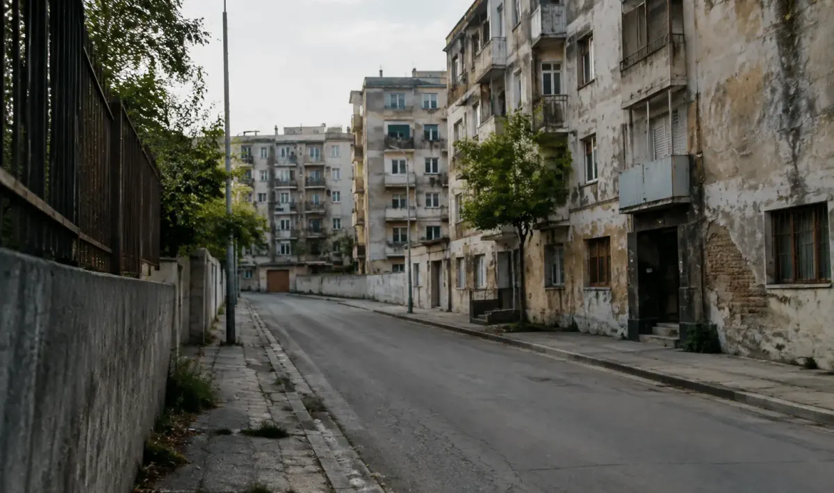 Rues desertes de quartier urbain avec immeubles degrades en arriere-plan