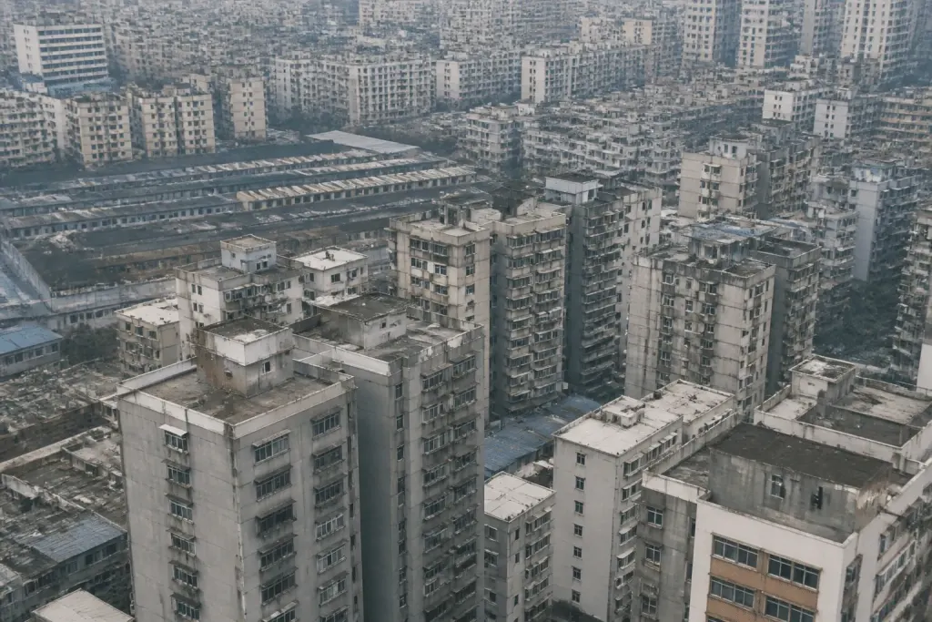 Vue aerienne quartiers urbains denses avec immeubles gris