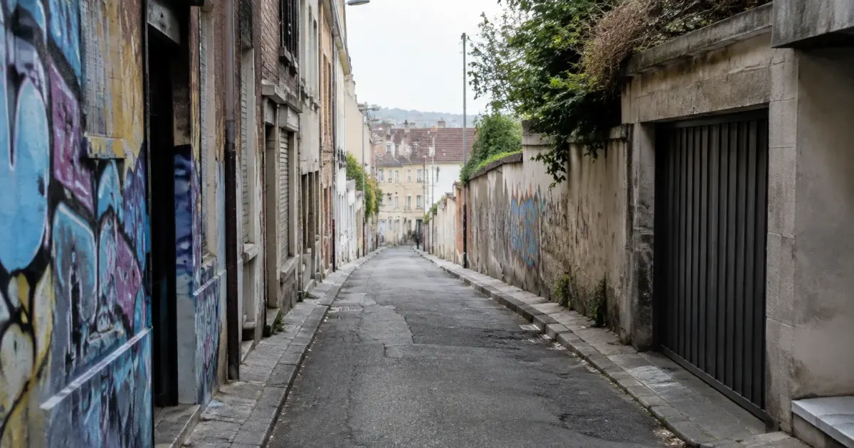 Rue desolee avec immeubles fermes et facades graffitis