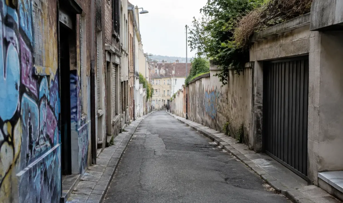 Rue desolee avec immeubles fermes et facades graffitis
