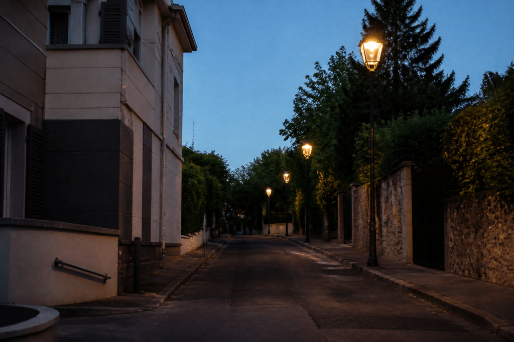 Rue bien eclairee avec lampadaires allumes en fin journee