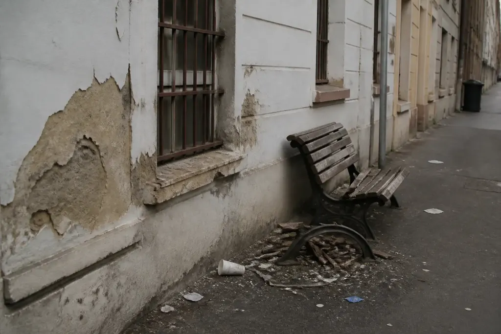 Rue urbaine avec facades abimees et mobilier vandalise