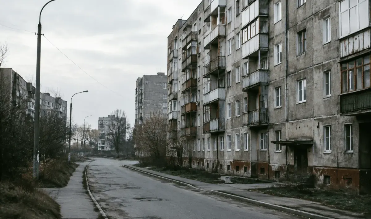 Rues urbaines delabrées avec immeubles gris surplombant routes vides