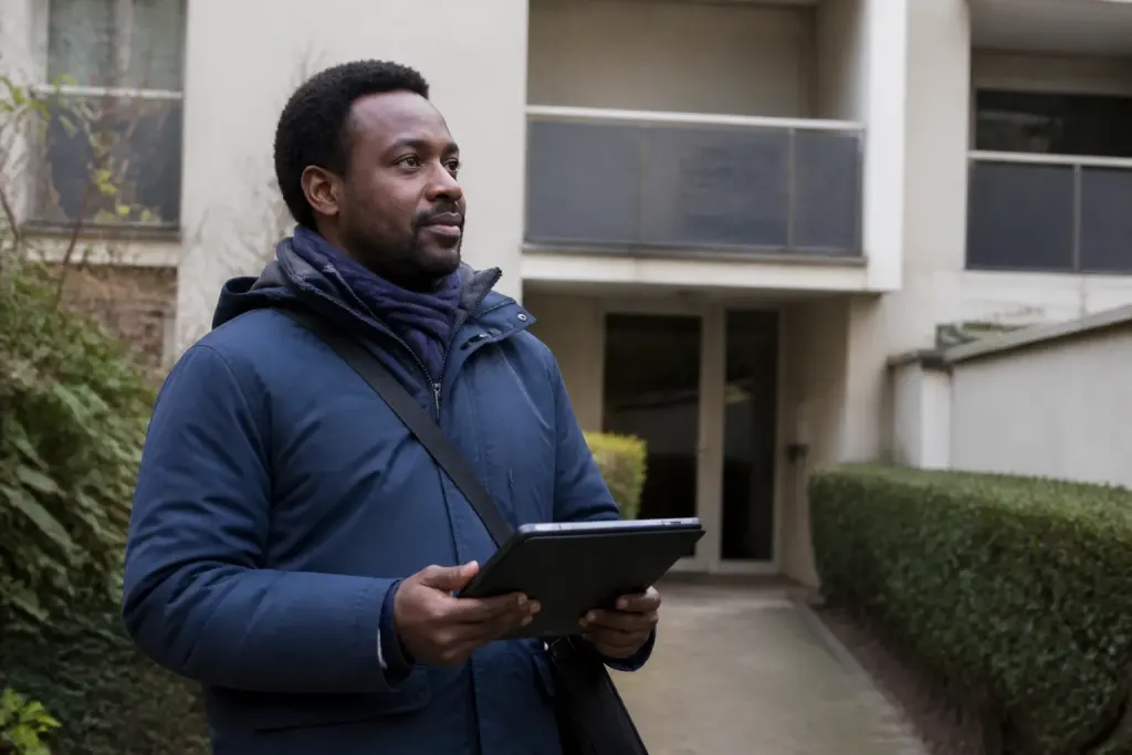 Agent recenseur tenant une tablette devant un immeuble