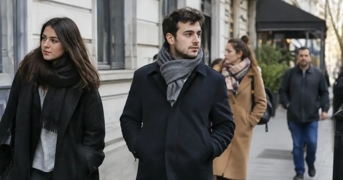 Groupe de passants sur un trottoir devant des immeubles