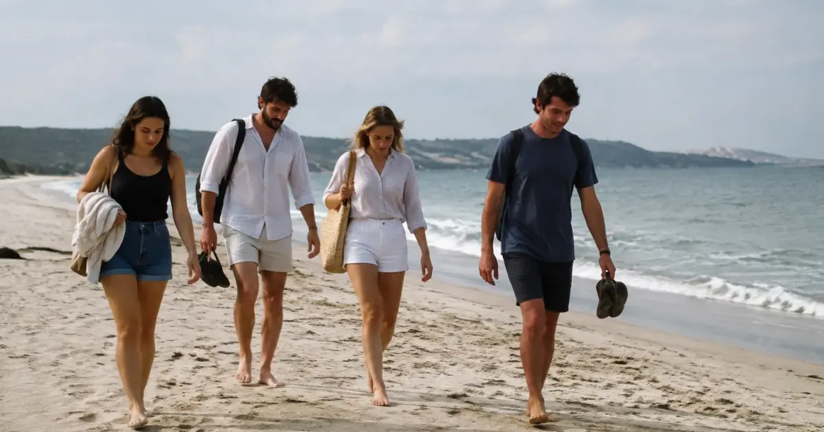 Groupe de personnes marchant sur une plage de sable