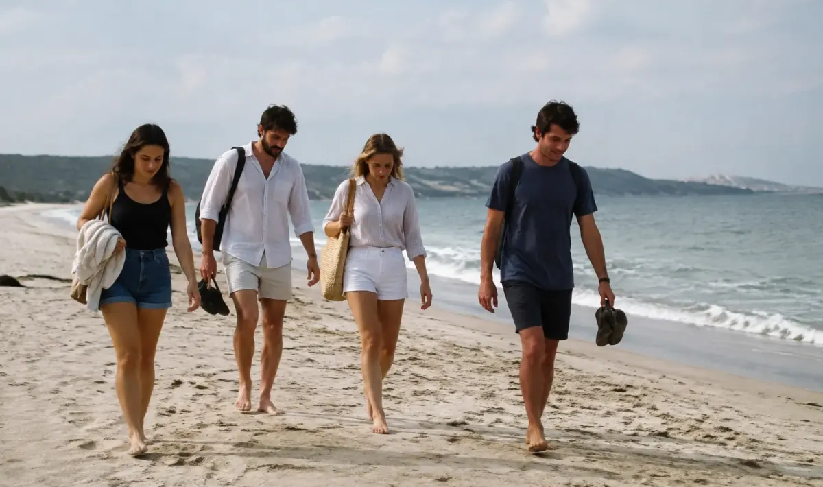 Groupe de personnes marchant sur une plage de sable