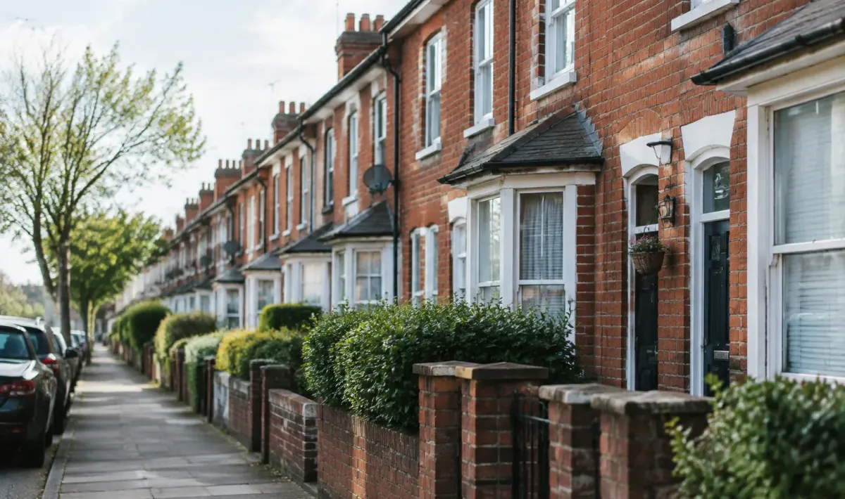 Maisons en briques alignees sur une rue residentielle