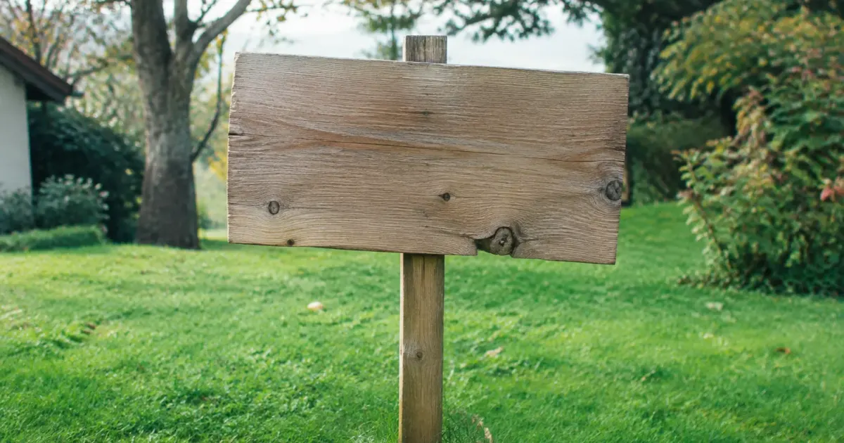 Panneau de bienvenue en bois dresse sur une pelouse